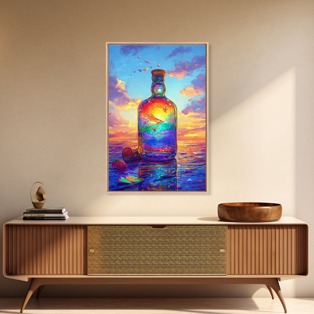 Sunset Ocean In Glass Bottle Wall Art, Surreal Seascape Art Print, Coastal Beach House Decor, Whimsical Canvas Print Gift
