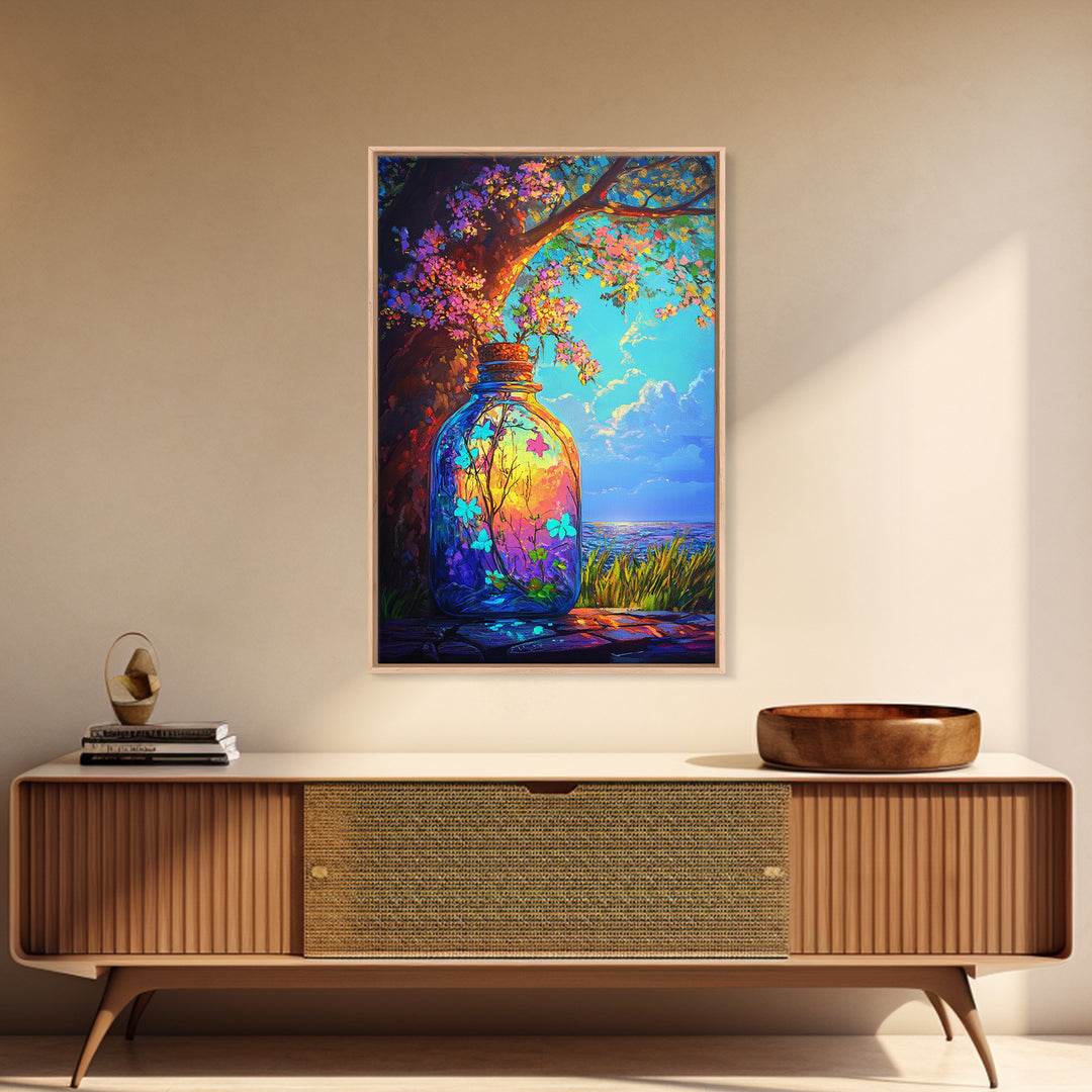 Glowing Jar Under Flowering Tree Wall Art, Whimsical Botanical Landscape, Coastal Nature Decor, Vibrant Canvas Print Gift
