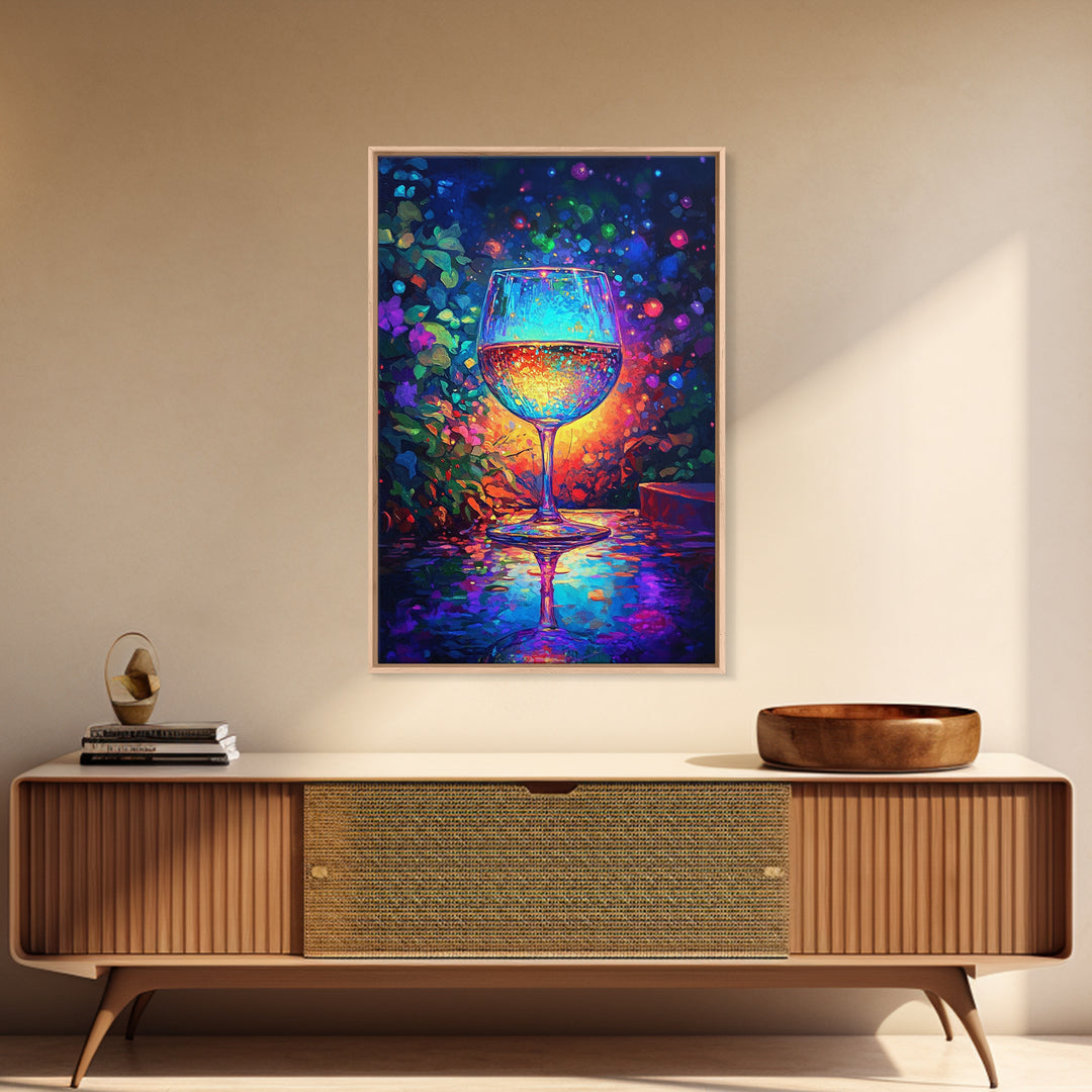 Glowing Wine Glass On Dark Table Canvas Print, Colorful Bar Wall Art, Kitchen Decor, Wine Lover Gift, Dining Room Art Print
