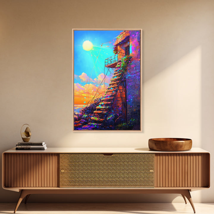 Sunlit Stone Stairway By The Sea Canvas Print, Coastal Wall Art, Mediterranean Landscape, Sunset Travel Home Decor Gift For Her