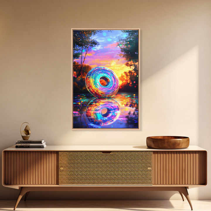 Iridescent Rainbow Ring At Sunset Framed Canvas Print, Colorful Wall Art, Abstract Landscape, Living Room Modern Home Decor Gift