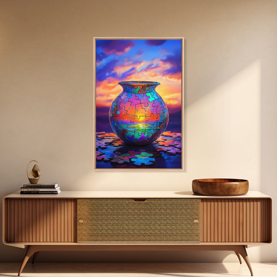 Puzzle Piece Vase With Ocean Sunset Canvas Print, Colorful Wall Art, Whimsical Seascape, Living Room Coastal Home Decor Gift
