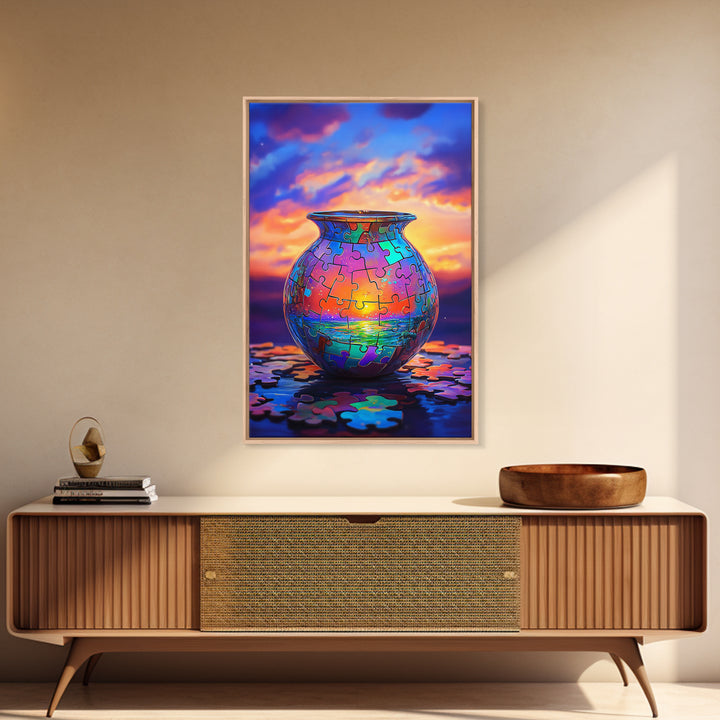 Puzzle Piece Vase With Ocean Sunset Canvas Print, Colorful Wall Art, Whimsical Seascape, Living Room Coastal Home Decor Gift