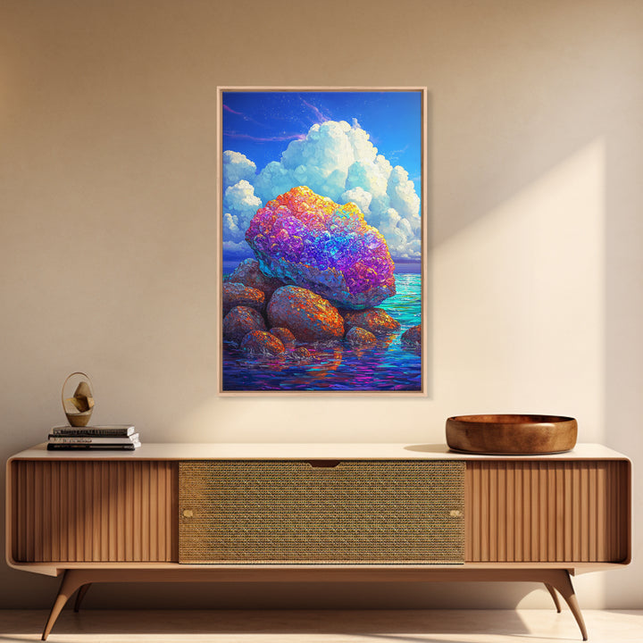 Rainbow Crystal Rocks Beside Blue Sea Canvas Print, Coastal Wall Art, Colorful Nature Art, Ocean Landscape Home Decor Gift