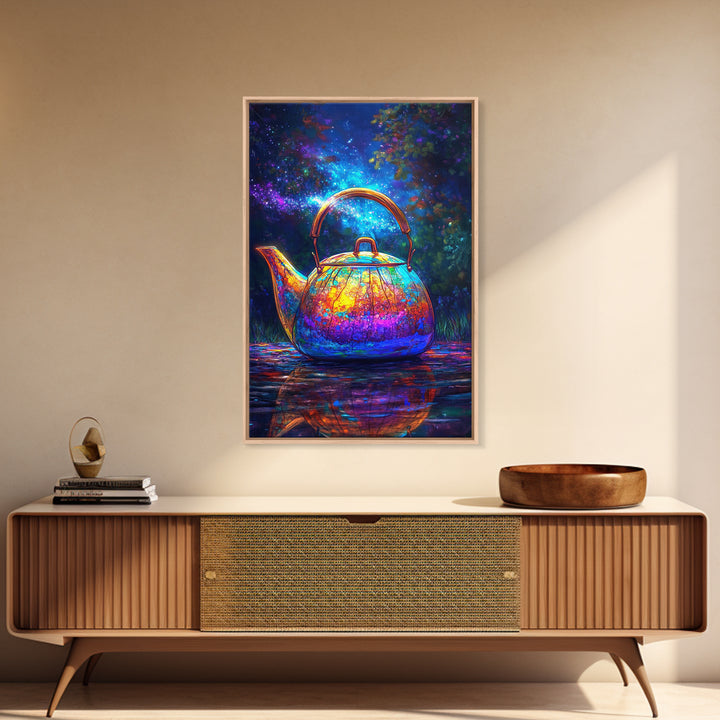Cosmic Rainbow Teapot Under Stars Canvas Print, Whimsical Kitchen Wall Art, Unique Tea Lover Gift, Colorful Home Decor Print