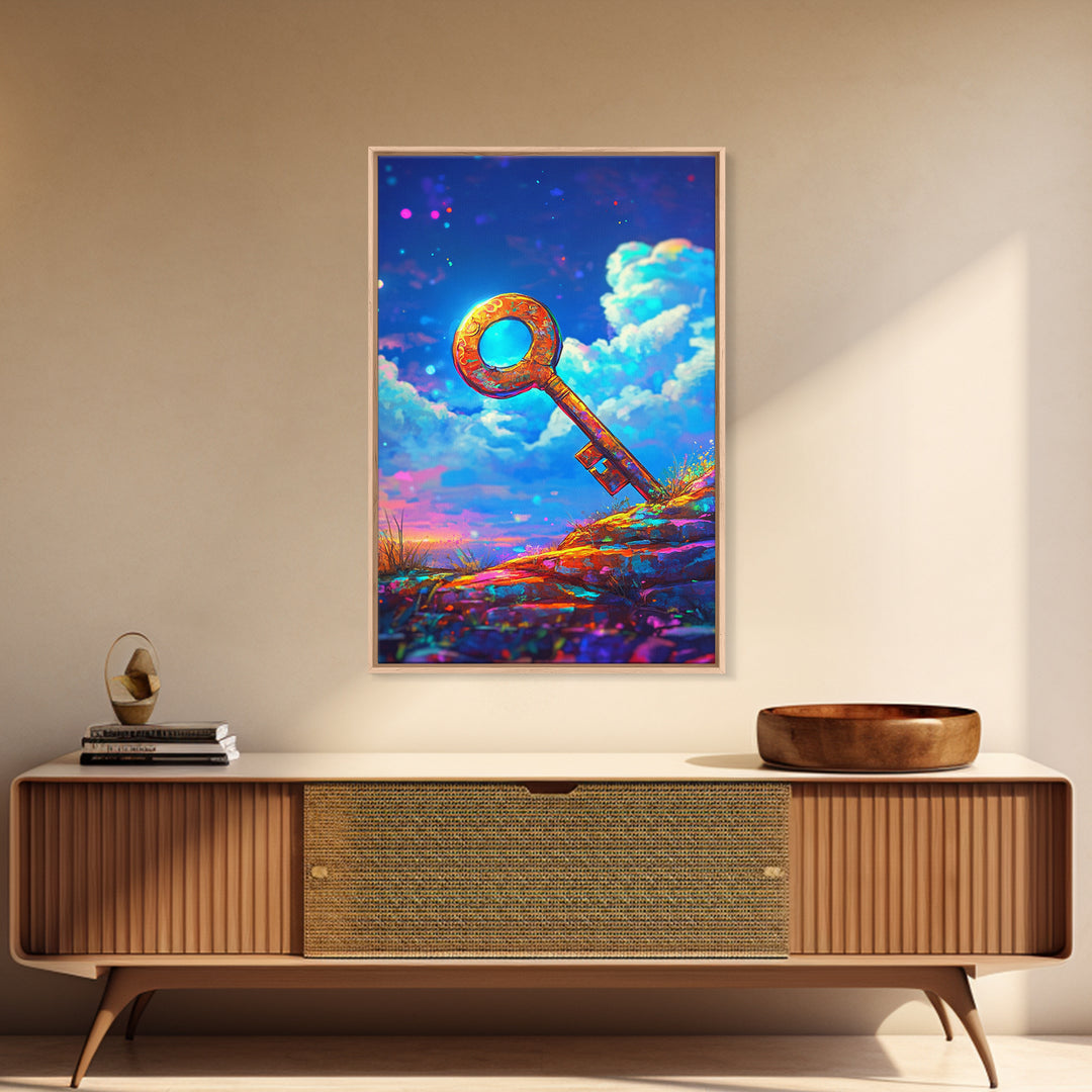 Golden Key On Dreamy Hilltop Canvas Print, Whimsical Wall Art, Fantasy Decor, Celestial Art, Unique Gift, Kids Room Decor