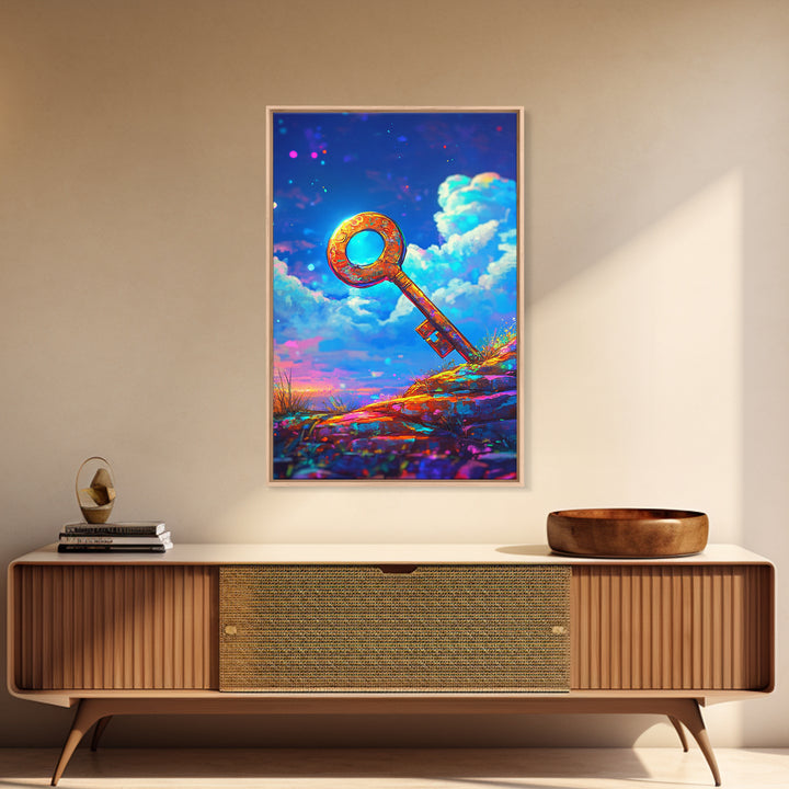 Golden Key On Dreamy Hilltop Canvas Print, Whimsical Wall Art, Fantasy Decor, Celestial Art, Unique Gift, Kids Room Decor