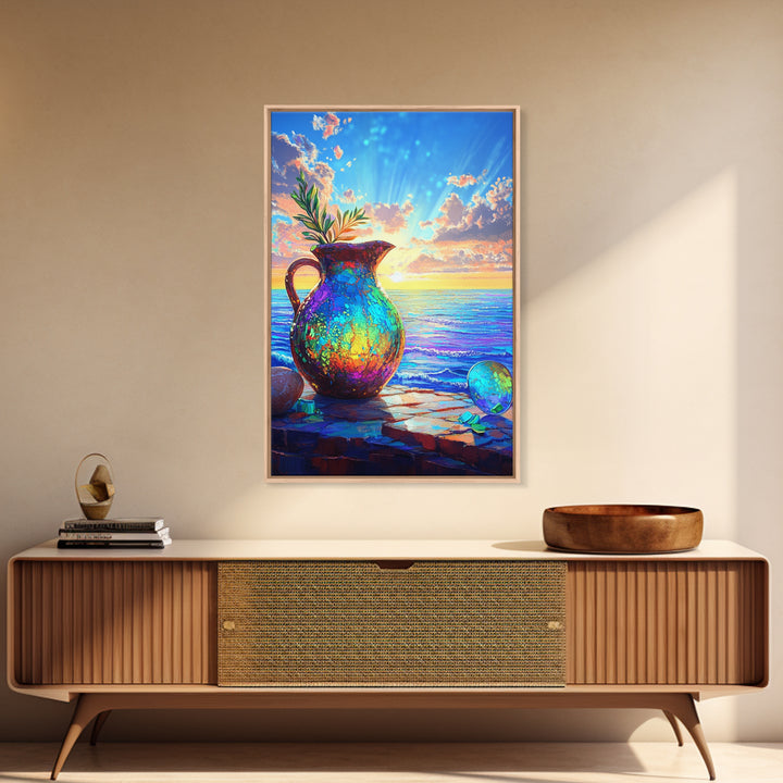 Iridescent Pitcher By Ocean Sunset Wall Art, Coastal Wall Art Print, Mediterranean Decor For Beach House Home Decor Gift