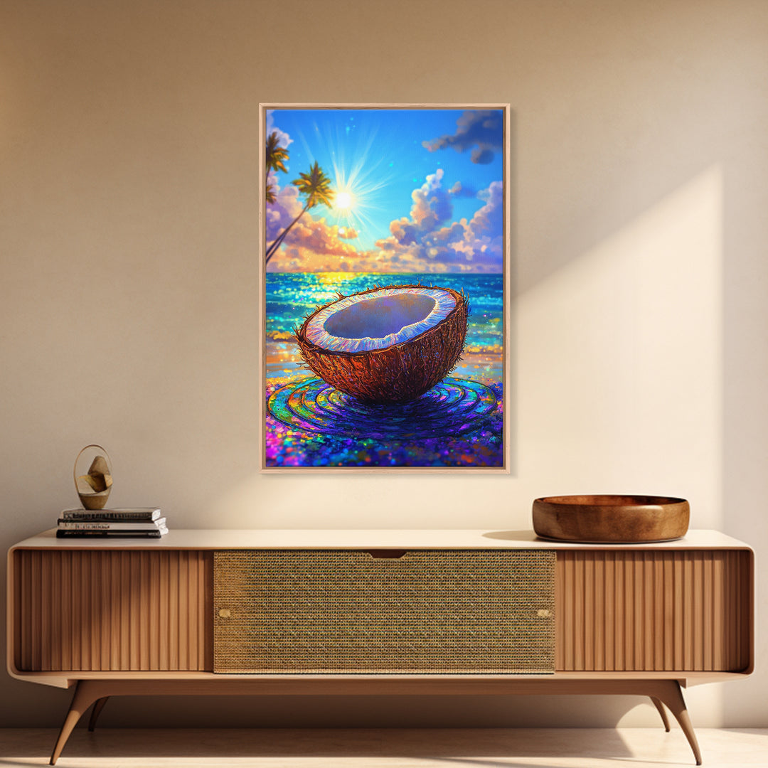 Sunlit Coconut On Tropical Beach Canvas Print, Coastal Wall Art, Beach House Decor, Summer Kitchen Art, Ocean Lover Gift