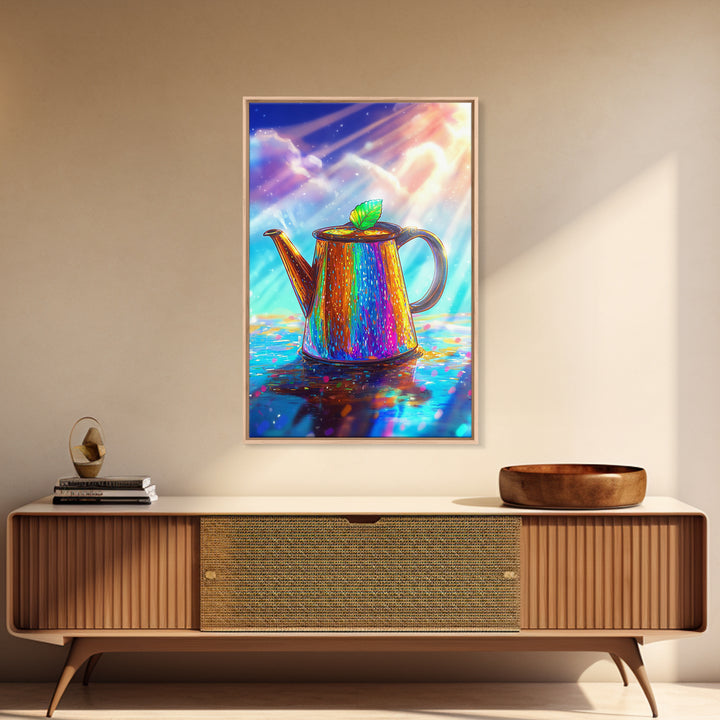 Radiant Rainbow Teapot With Leaf Canvas Print, Colorful Kitchen Wall Art, Tea Lover Gift, Whimsical Home Decor Poster Print