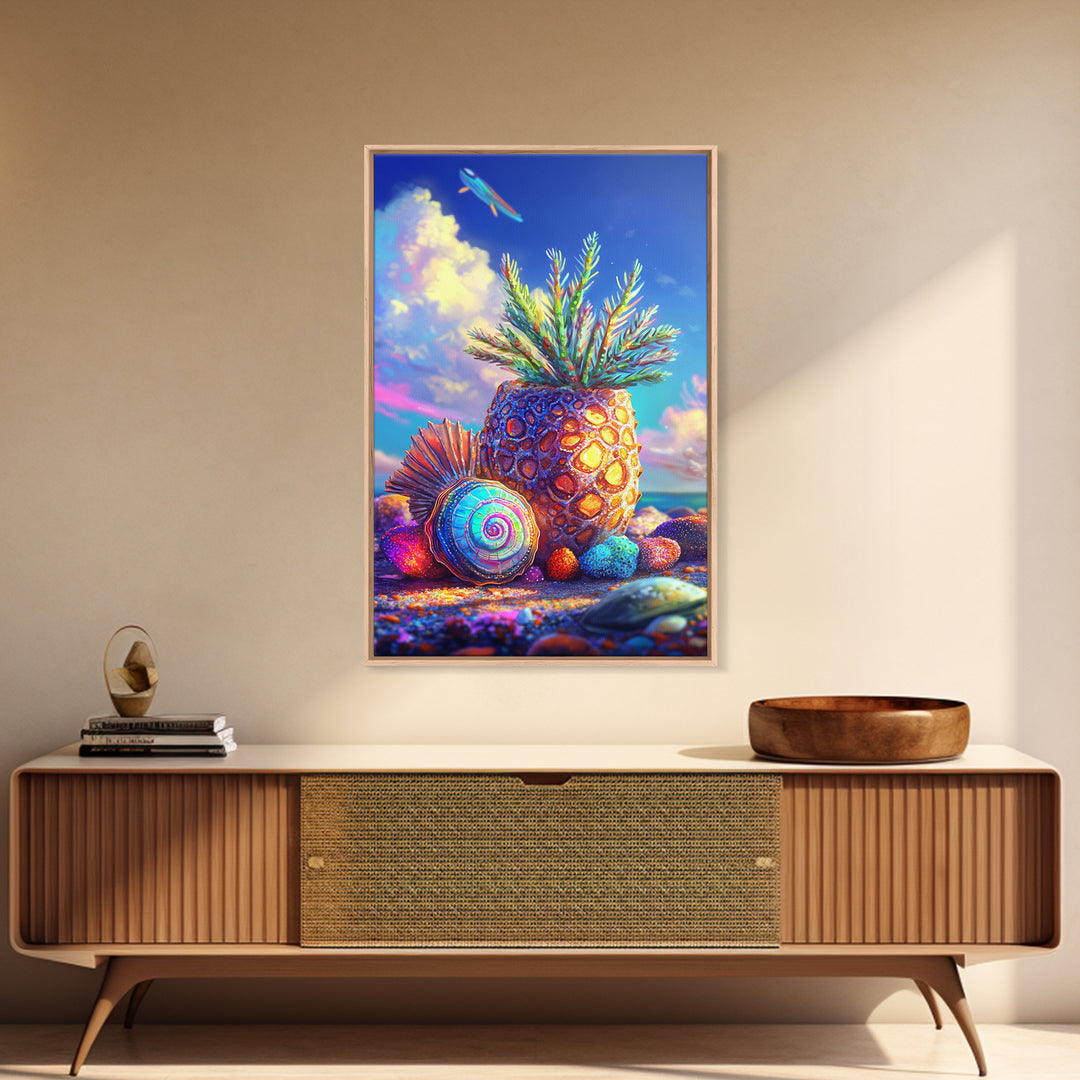 Surreal Pineapple And Seashell Canvas Print, Tropical Beach Wall Art, Colorful Coastal Decor, Whimsical Kitchen Art Print
