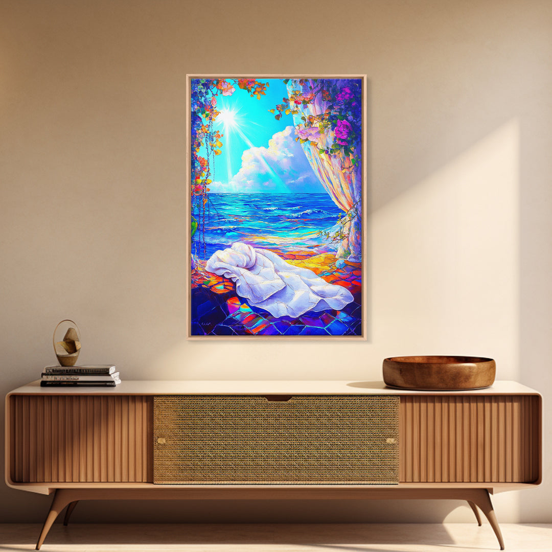Sunlit Ocean Window And Draped Bed Framed Canvas Print, Coastal Wall Art, Beach House Decor, Romantic Seascape Bedroom Decor