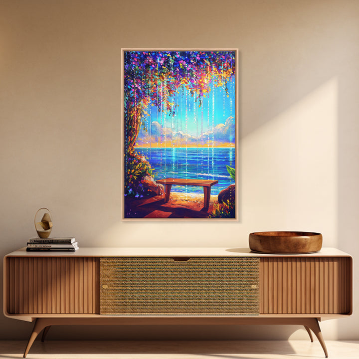 Flower Canopy Ocean Bench Framed Canvas Print, Coastal Wall Art, Tropical Beach House Decor, Romantic Seaside Artwork For Living Room