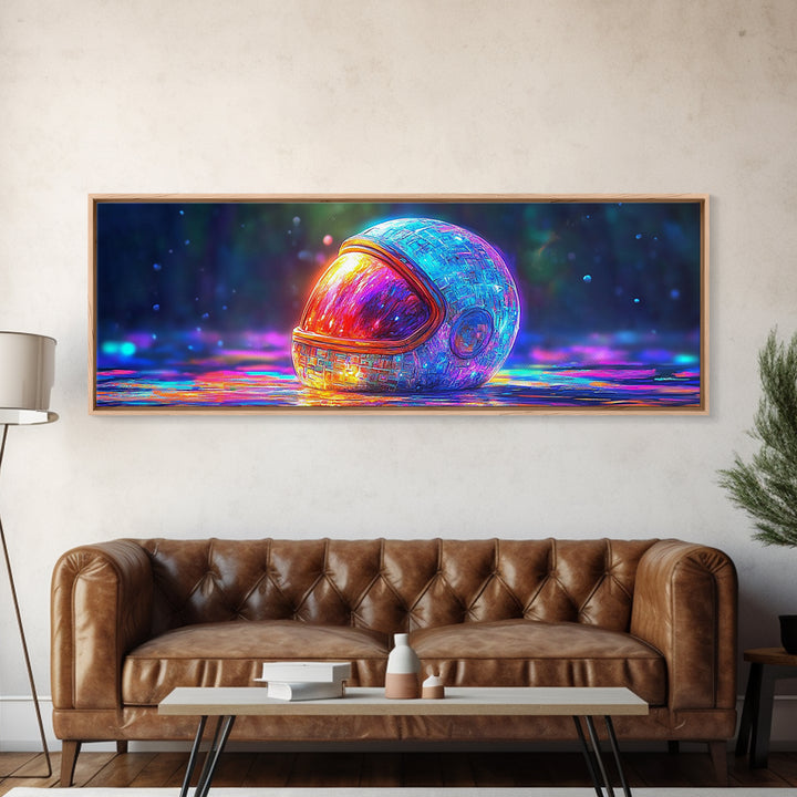 Neon Astronaut Helmet On Cosmic Rain Canvas Print, Futuristic Space Wall Art, Sci Fi Decor, Gamer Room Decor, Gift For Him