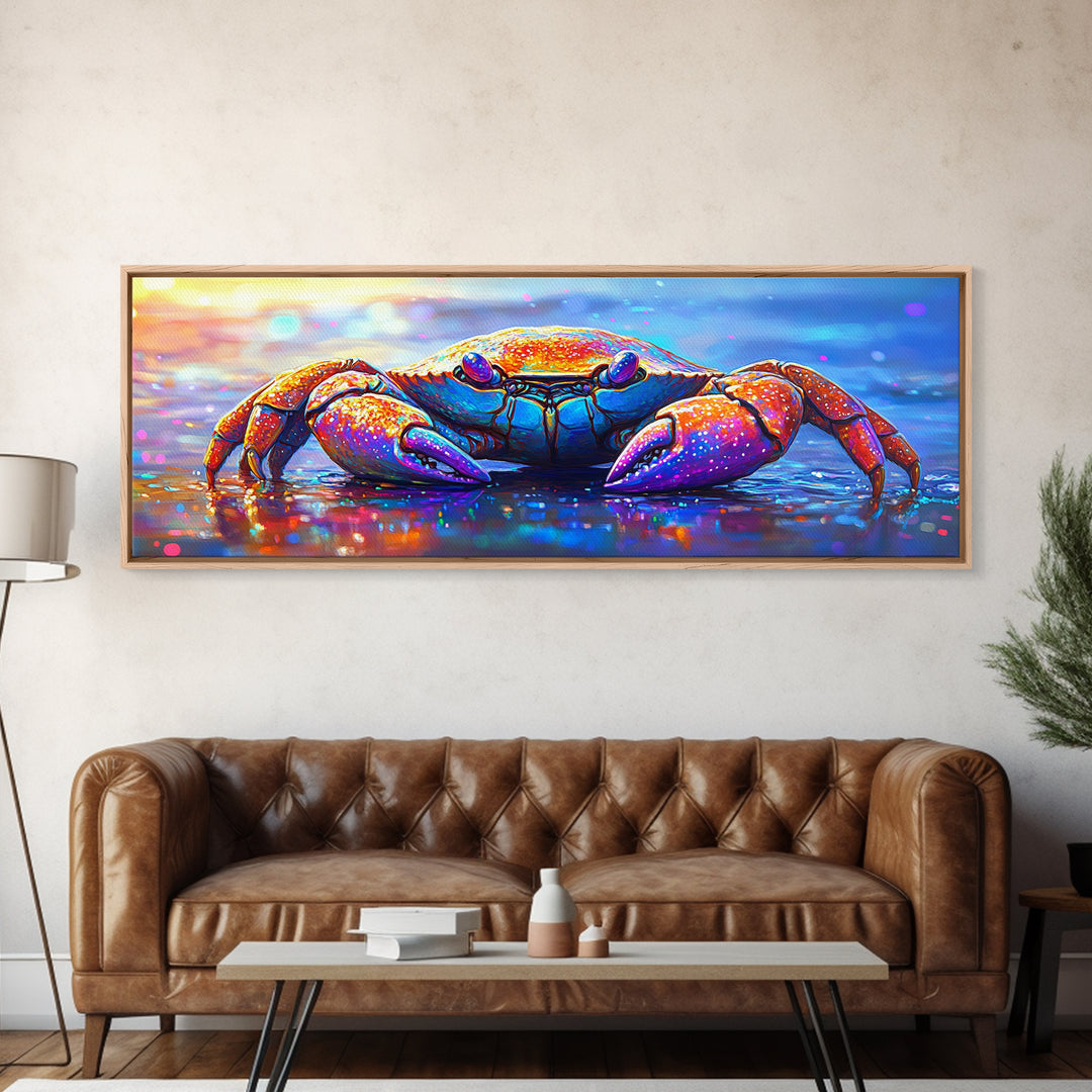 Vibrant Rainbow Crab On Wet Beach Wall Art, Coastal Ocean Animal Art, Colorful Beach House Decor, Nautical Canvas Print Art