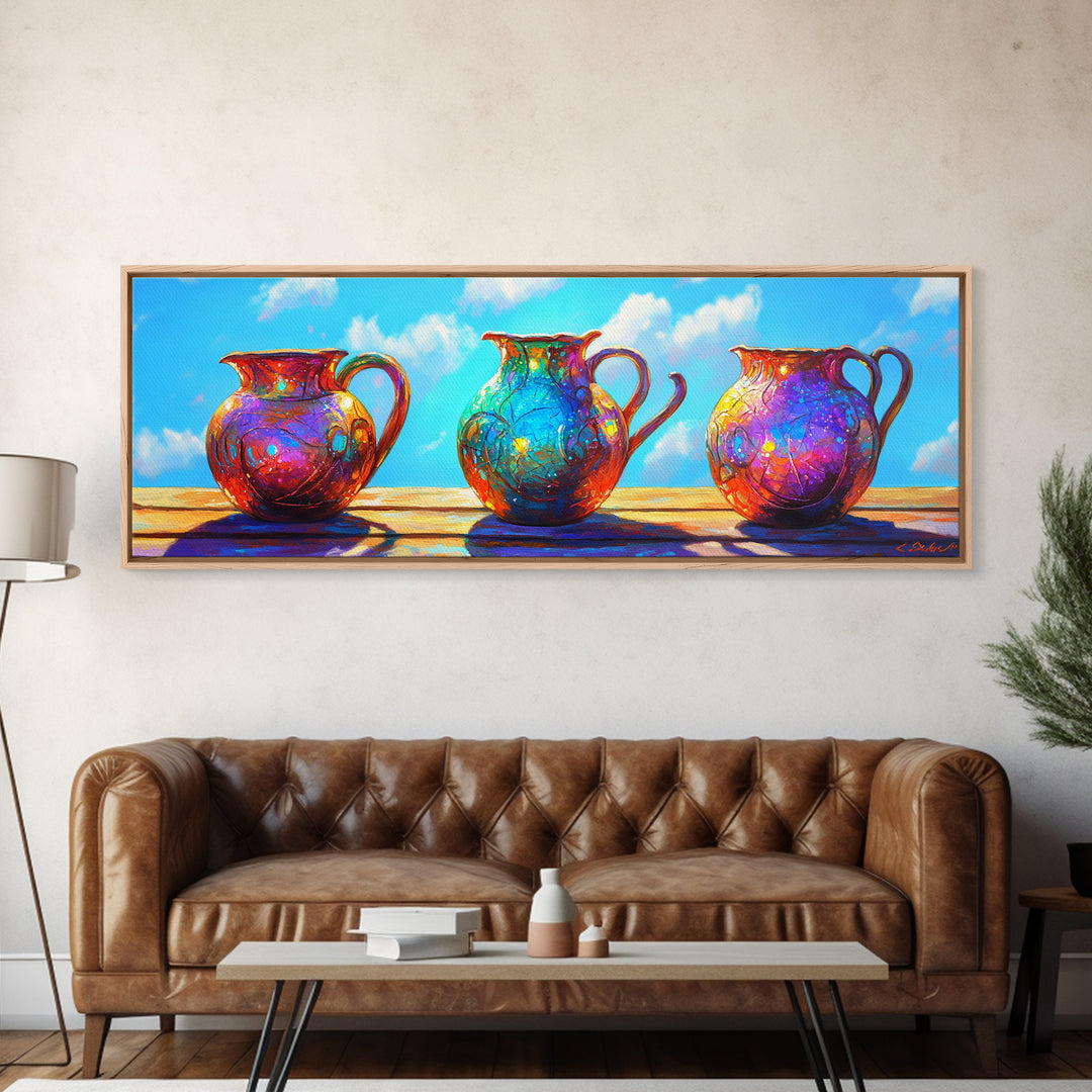 Three Colorful Ceramic Pitchers In Sunlit Courtyard Wall Art, Rustic Kitchen Decor, Mediterranean Canvas Print, Dining Room Art