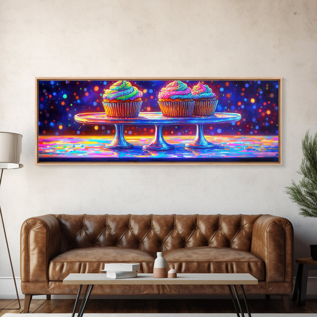 Rainbow Frosted Cupcakes On Glass Cake Stands Wall Art, Bakery Kitchen Decor, Dessert Art Print, Colorful Canvas Print Gift