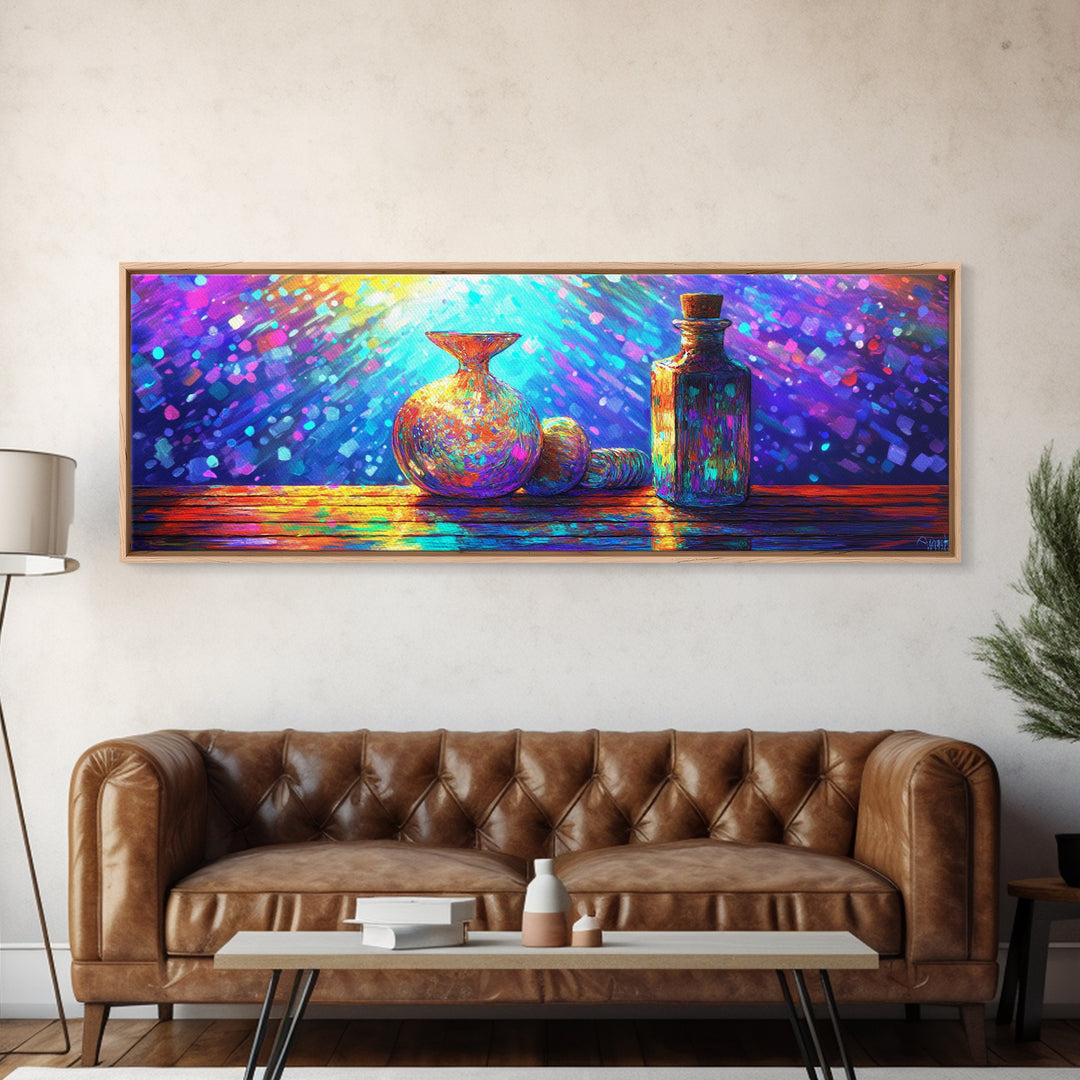 Radiant Glass Vase And Bottle Still Life Wall Art, Colorful Kitchen Decor, Modern Eclectic Art, Framed Canvas Print Gift