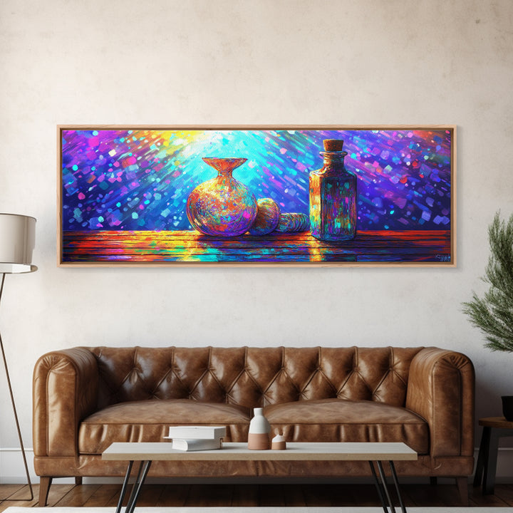 Radiant Glass Vase And Bottle Still Life Wall Art, Colorful Kitchen Decor, Modern Eclectic Art, Framed Canvas Print Gift