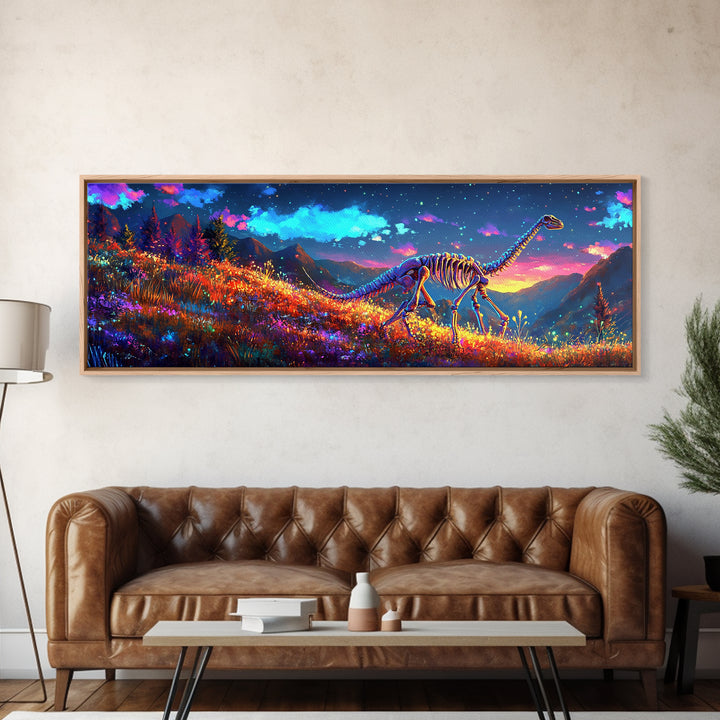 Glowing Dinosaur Skeleton In Mountain Meadow Canvas Print, Fantasy Wall Art, Landscape Art, Colorful Wall Decor, Kids Room Art