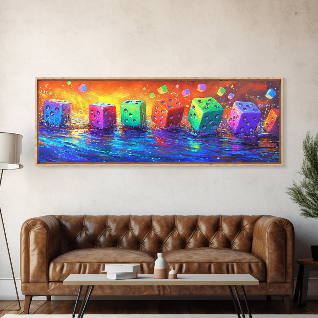 Row Of Rainbow Dice On Reflective Table Canvas Print, Game Room Wall Art, Colorful Wall Decor, Gamer Gift, Modern Wall Art