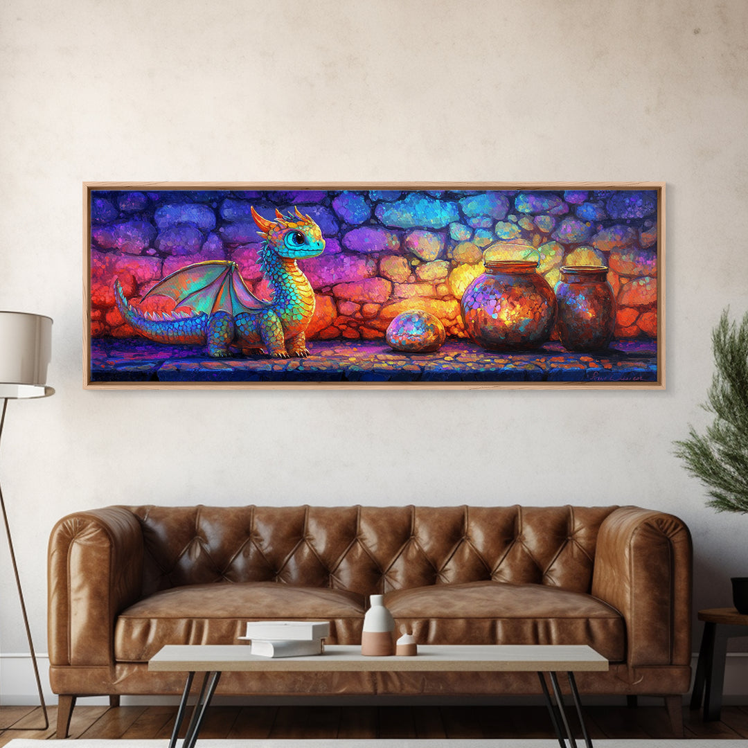 Cute Rainbow Dragon With Magic Jars Canvas Print, Fantasy Wall Art, Whimsical Decor, Kids Room Art, Nursery Wall Decor, Gift For Kids