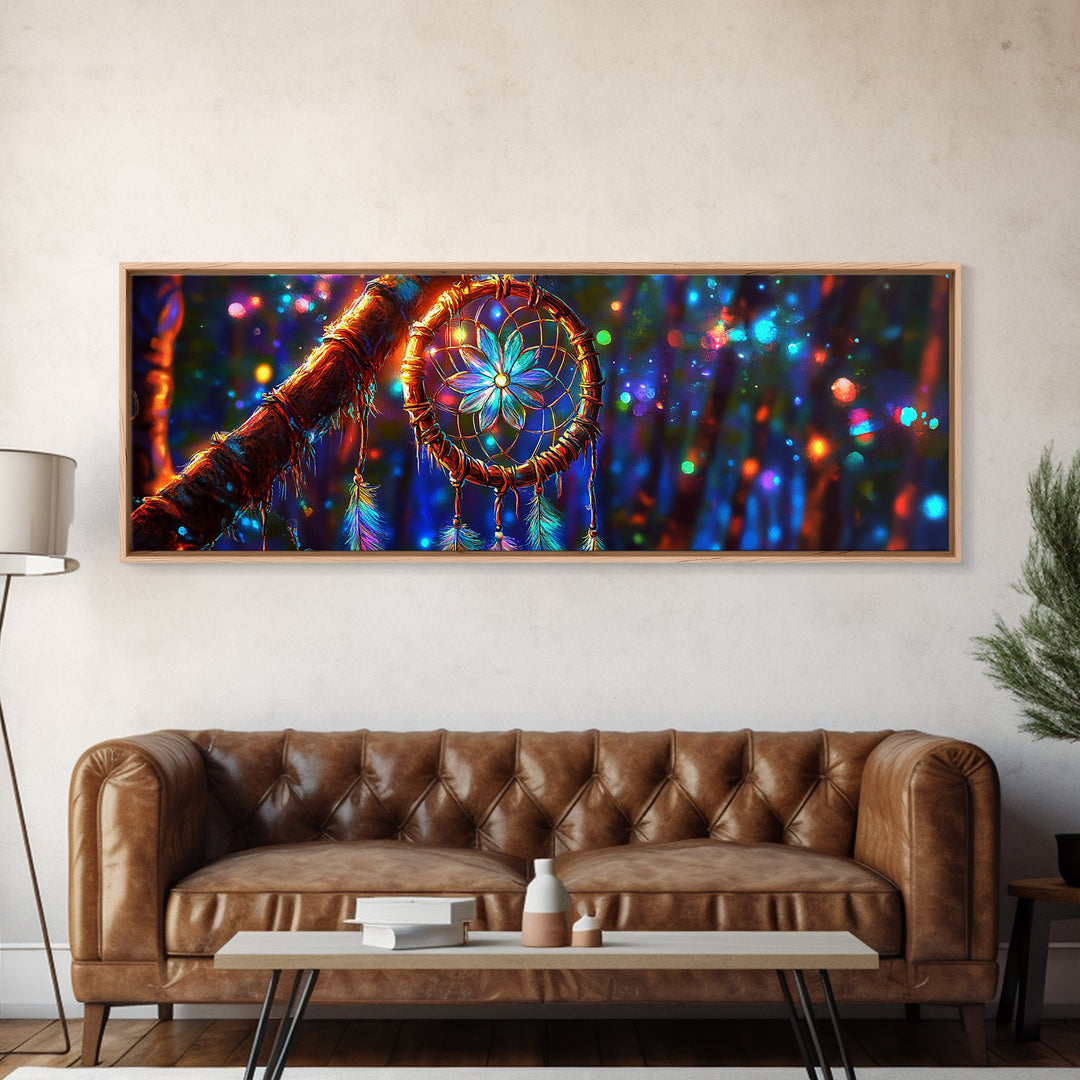 Glowing Dreamcatcher In Enchanted Forest Framed Canvas Print, Boho Wall Art, Spiritual Decor, Mystical Wall Decor Gift For Her