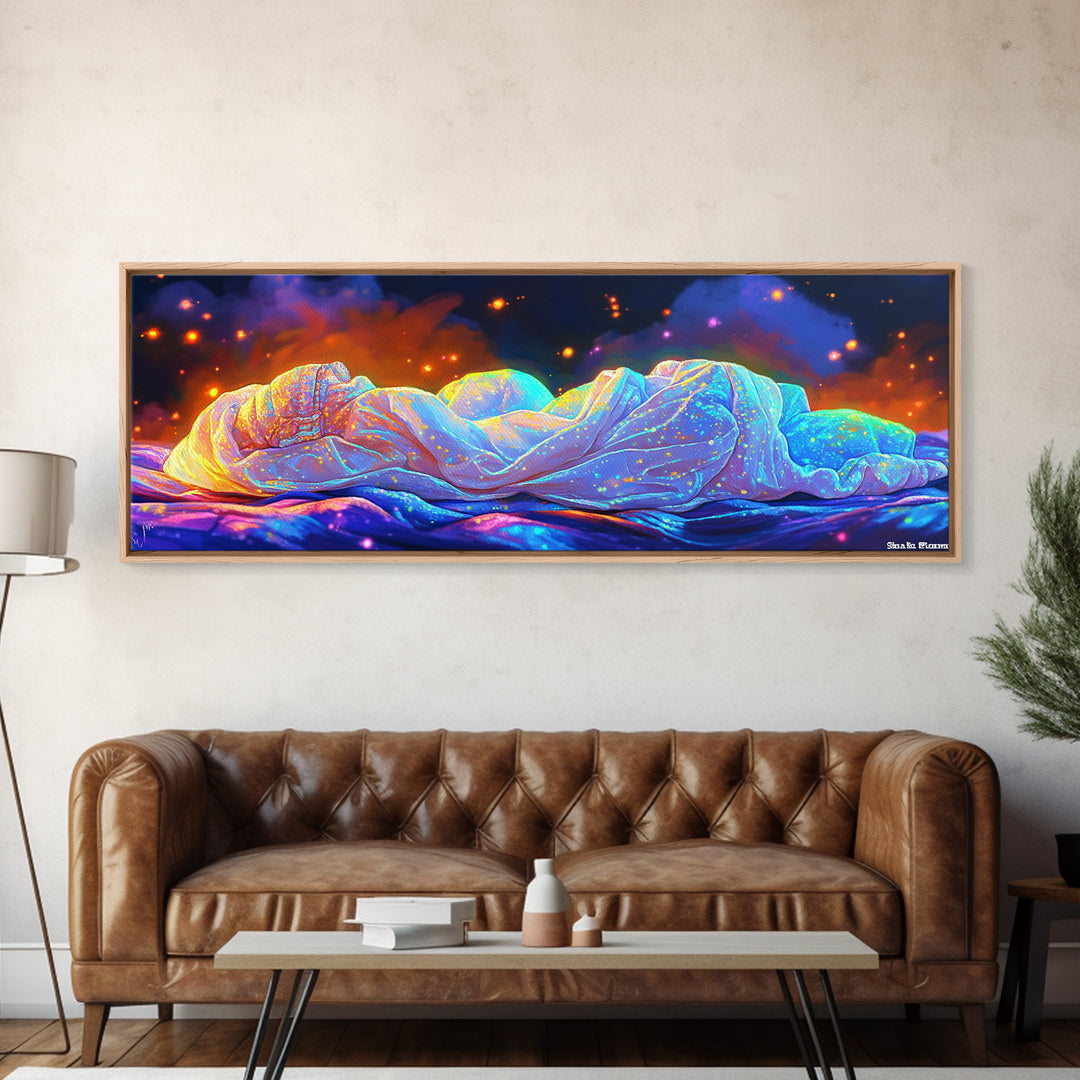 Glowing Sleeping Figure Under Starry Blanket Canvas Print, Sweet Dreams Wall Art, Cozy Bedroom Decor, Ethereal Dreamy Wall Decor