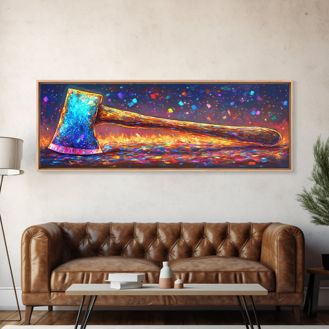 Vibrant Rainbow Axe On Glittering Ground Canvas Print, Rustic Wall Art, Garage Decor, Man Cave Decor, Unique Gift For Him