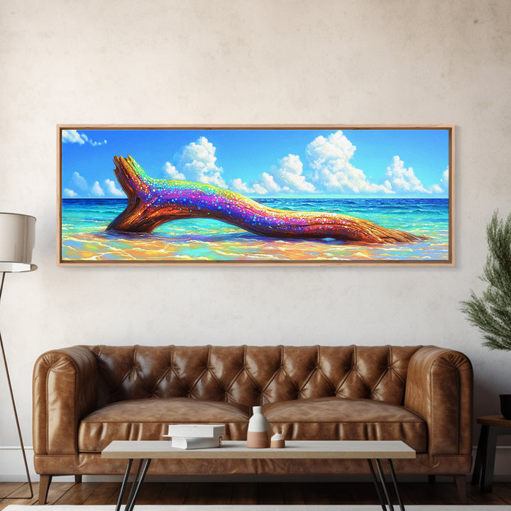Rainbow Driftwood On Turquoise Beach Canvas Print, Coastal Wall Art, Beach House Decor, Ocean Wall Decor, Tropical Home Decor