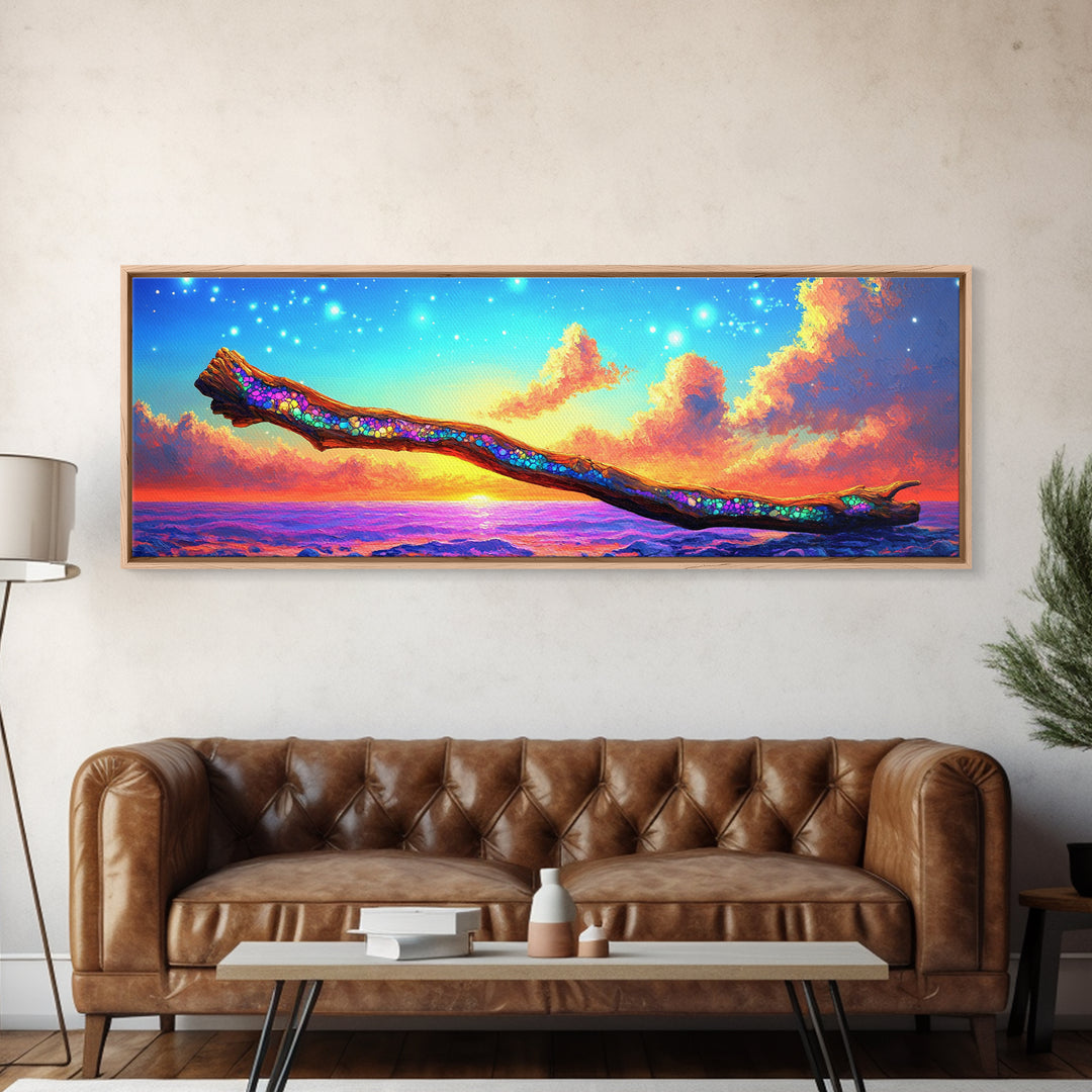 Glittering Branch Over Sunset Ocean Framed Canvas Print, Coastal Wall Art, Seascape Art, Beach House Decor, Summer Vibes