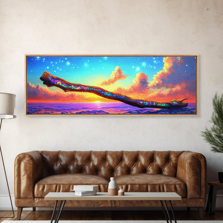 Glittering Branch Over Sunset Ocean Framed Canvas Print, Coastal Wall Art, Seascape Art, Beach House Decor, Summer Vibes