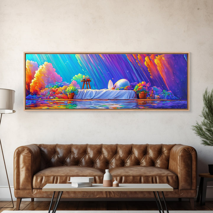 Surreal White Bed With Moonlit Egg Framed Canvas Print, Whimsical Wall Art, Maximalist Decor, Romantic Dreamy Bedroom Wall Decor