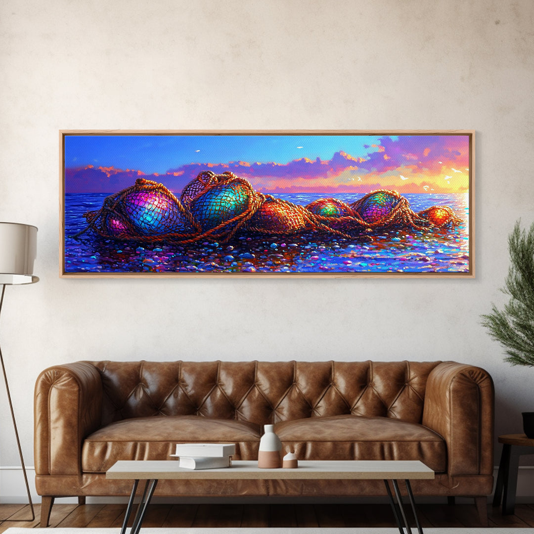 Rainbow Fishing Nets On Pebble Shore Framed Canvas Print, Coastal Wall Art, Beach House Decor, Nautical Living Room Decor