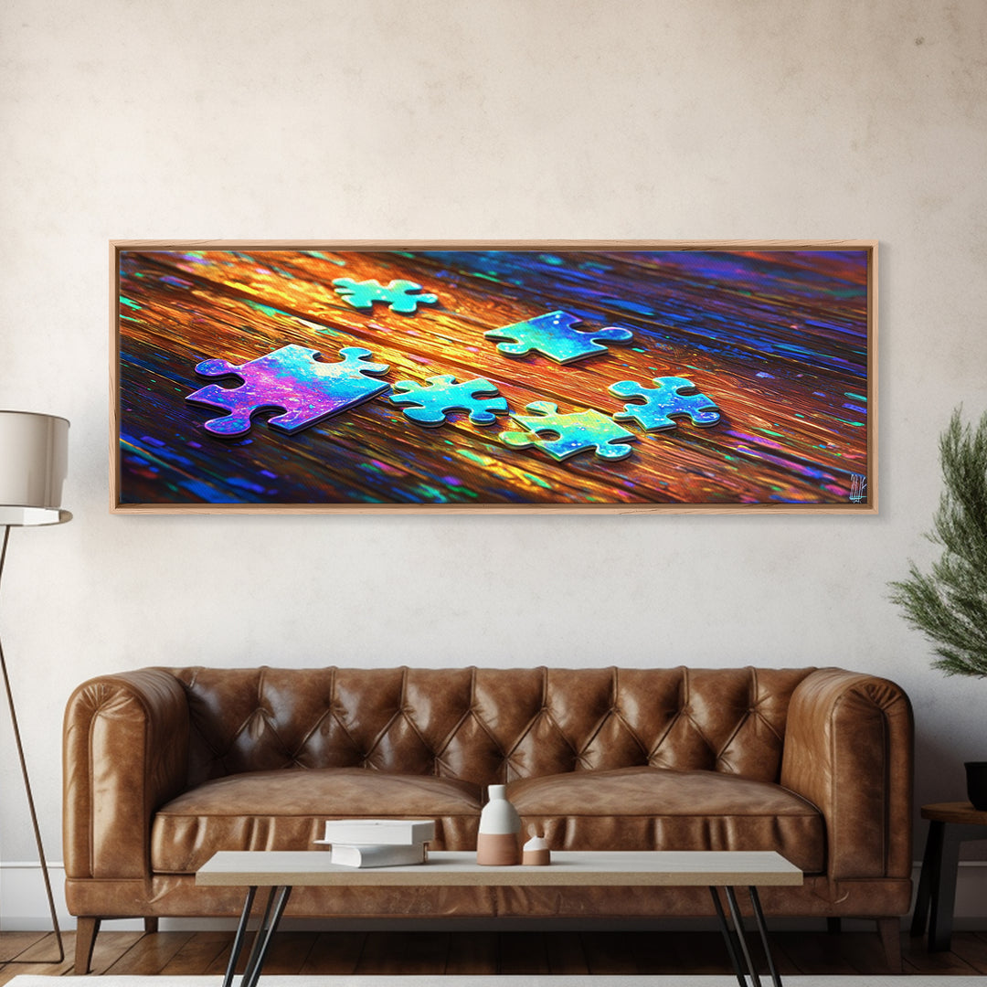 Rainbow Puzzle Pieces On Wood Table Canvas Print, Game Room Wall Art, Colorful Abstract Art, Playroom Decor, Unique Gift