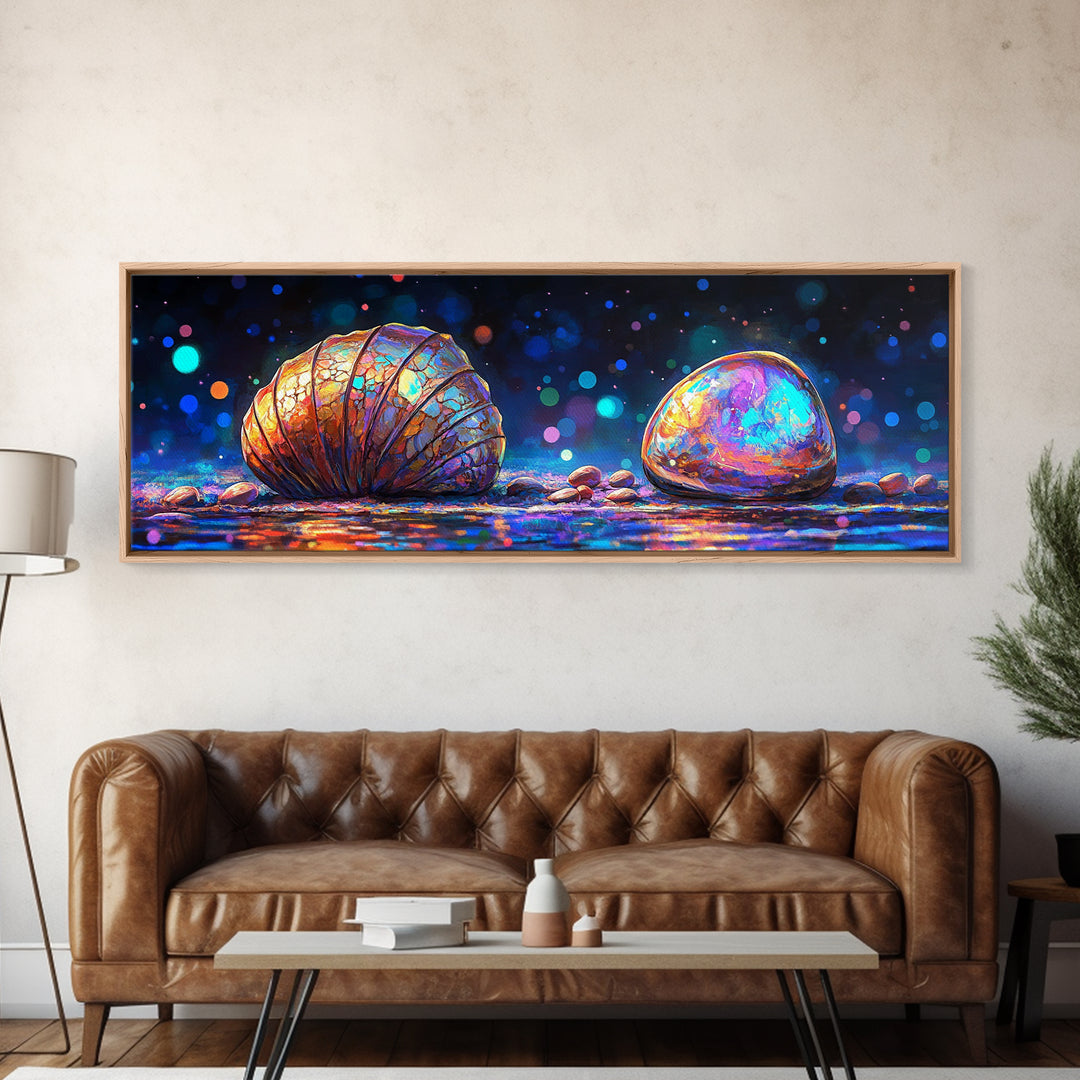 Glowing Seashell And Polished Stone Framed Canvas Print, Coastal Wall Art, Ocean Decor, Beach House Decor, Nautical Gift