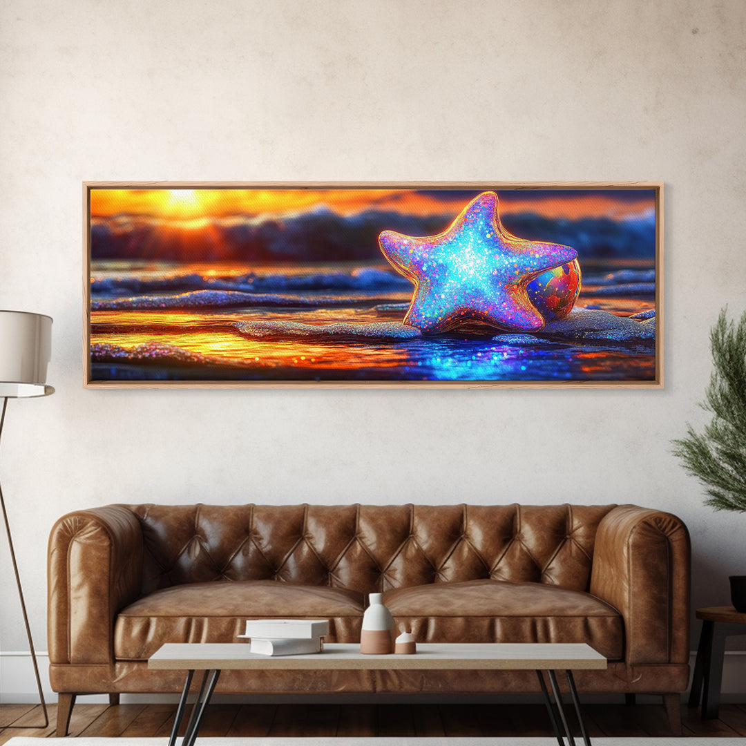Glowing Starfish On Sunset Beach Wall Art, Coastal Canvas Print, Ocean Wall Decor, Beach House Gift, Colorful Seascape Art
