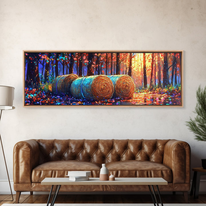 Golden Hay Bales In Autumn Forest Wall Art, Rustic Farmhouse Decor, Landscape Art Print, Country Home Decor, Cabin Wall Art
