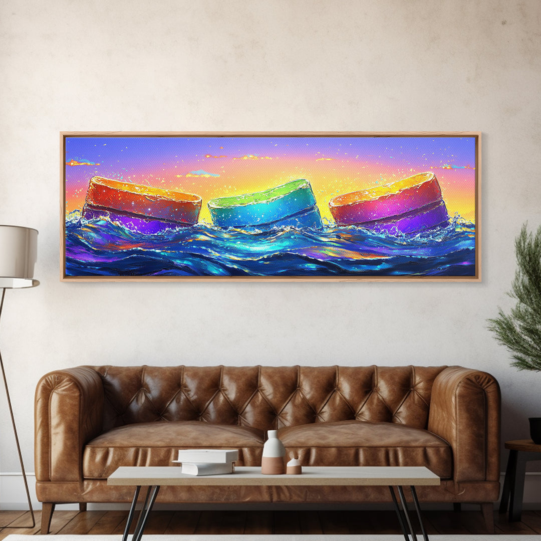 Rainbow Buoys In Ocean Waves Canvas Print, Coastal Wall Art, Colorful Beach House Decor, Modern Summer Living Room Wall Art