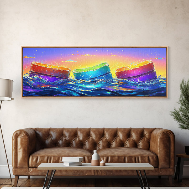 Rainbow Buoys In Ocean Waves Canvas Print, Coastal Wall Art, Colorful Beach House Decor, Modern Summer Living Room Wall Art