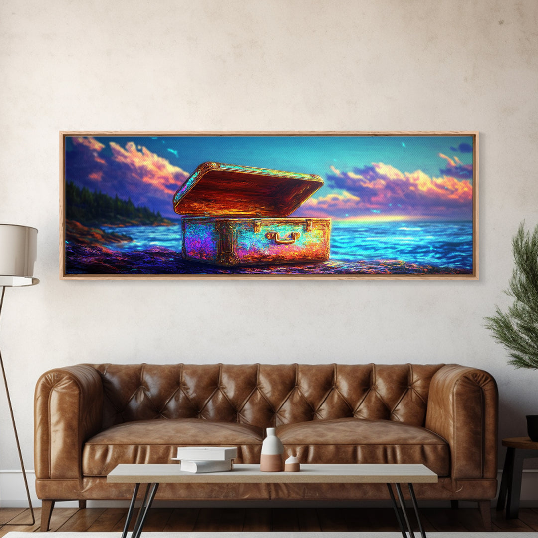 Open Treasure Chest On Neon Beach Canvas Print, Coastal Wall Art, Fantasy Ocean Decor, Beach House Decor, Housewarming Gift