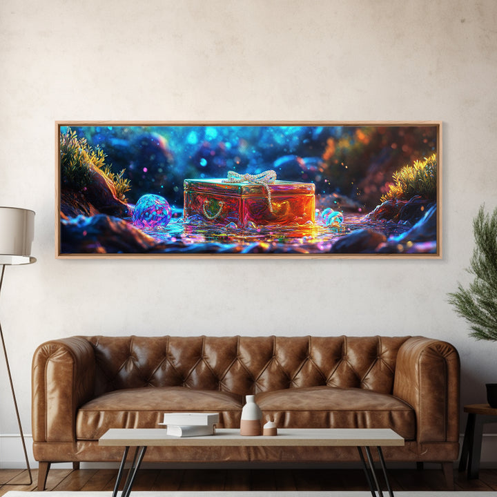 Glass Treasure Box In Magical Stream Framed Canvas Print, Fantasy Wall Art, Nature Inspired Art, Whimsical Home Decor, Gift