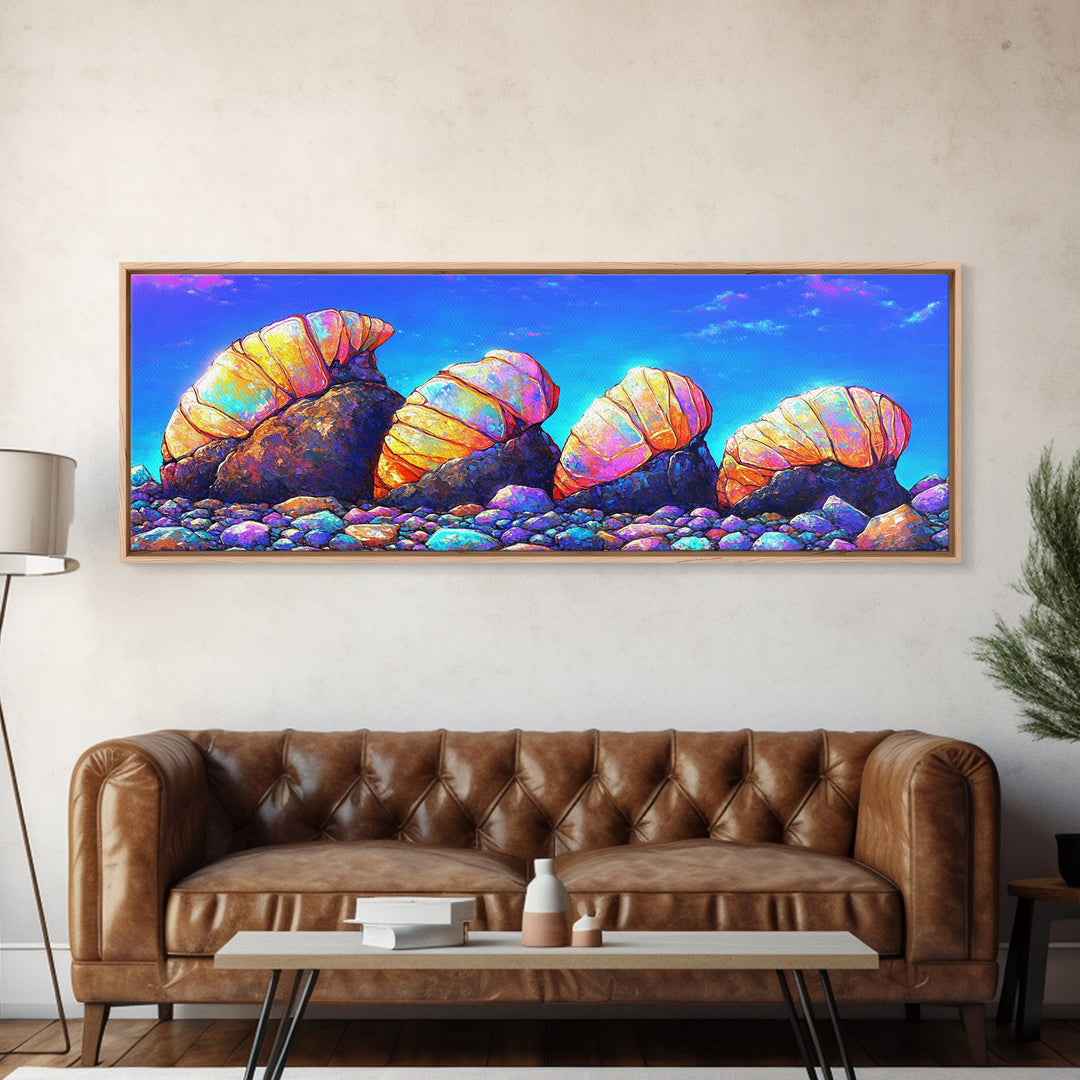 Iridescent Hermit Crabs On Pebble Shore Canvas Print, Coastal Wall Art, Beach House Decor, Ocean Art, Nautical Decor, Gift