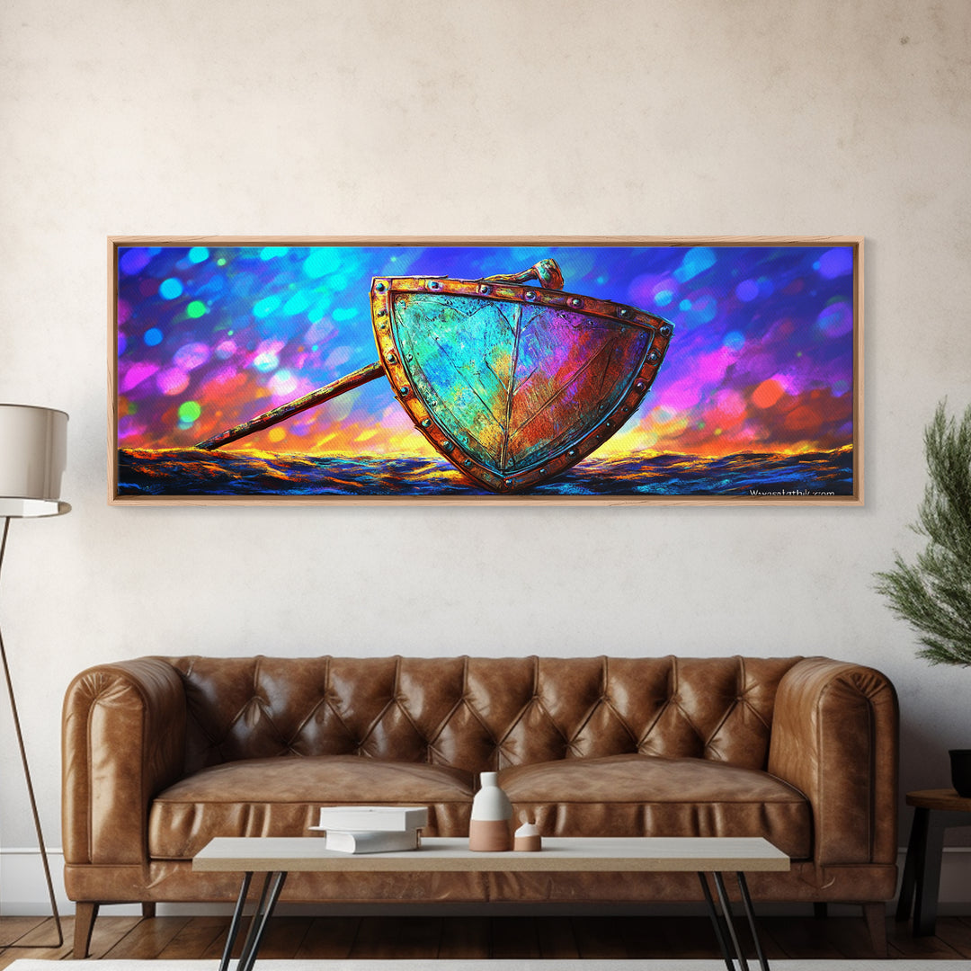 Iridescent Viking Shield And Spear Canvas Print, Fantasy Wall Art, Norse Decor, Medieval Warrior Gift For Him, Game Room Decor