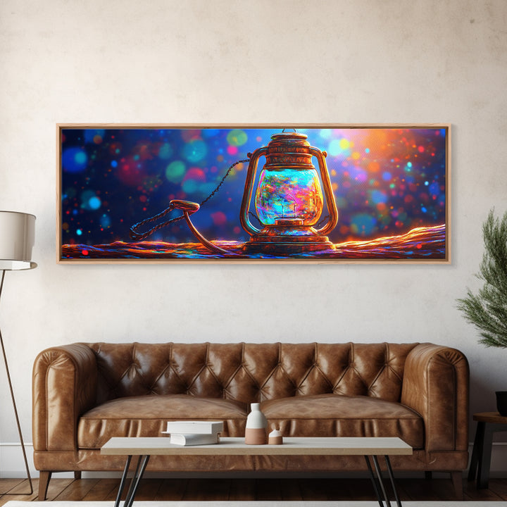 Glowing Jar Lantern With Rope Framed Canvas Print, Colorful Rustic Wall Art, Coastal Cabin Decor, Unique Housewarming Gift