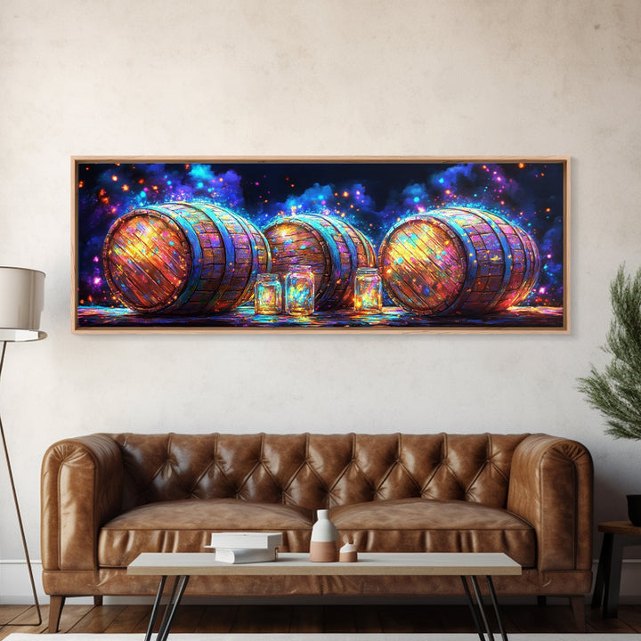 Glowing Whiskey Barrels And Mason Jars Canvas Print, Rustic Bar Wall Art, Winery Decor, Speakeasy Home Bar Decor Gift For Him