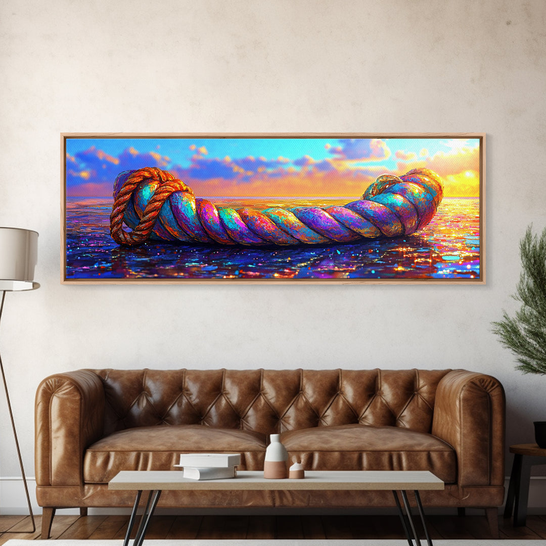 Rainbow Nautical Rope At Sunset Wall Art, Coastal Beach House Decor, Ocean Canvas Print, Tropical Seascape Art Gift For Her