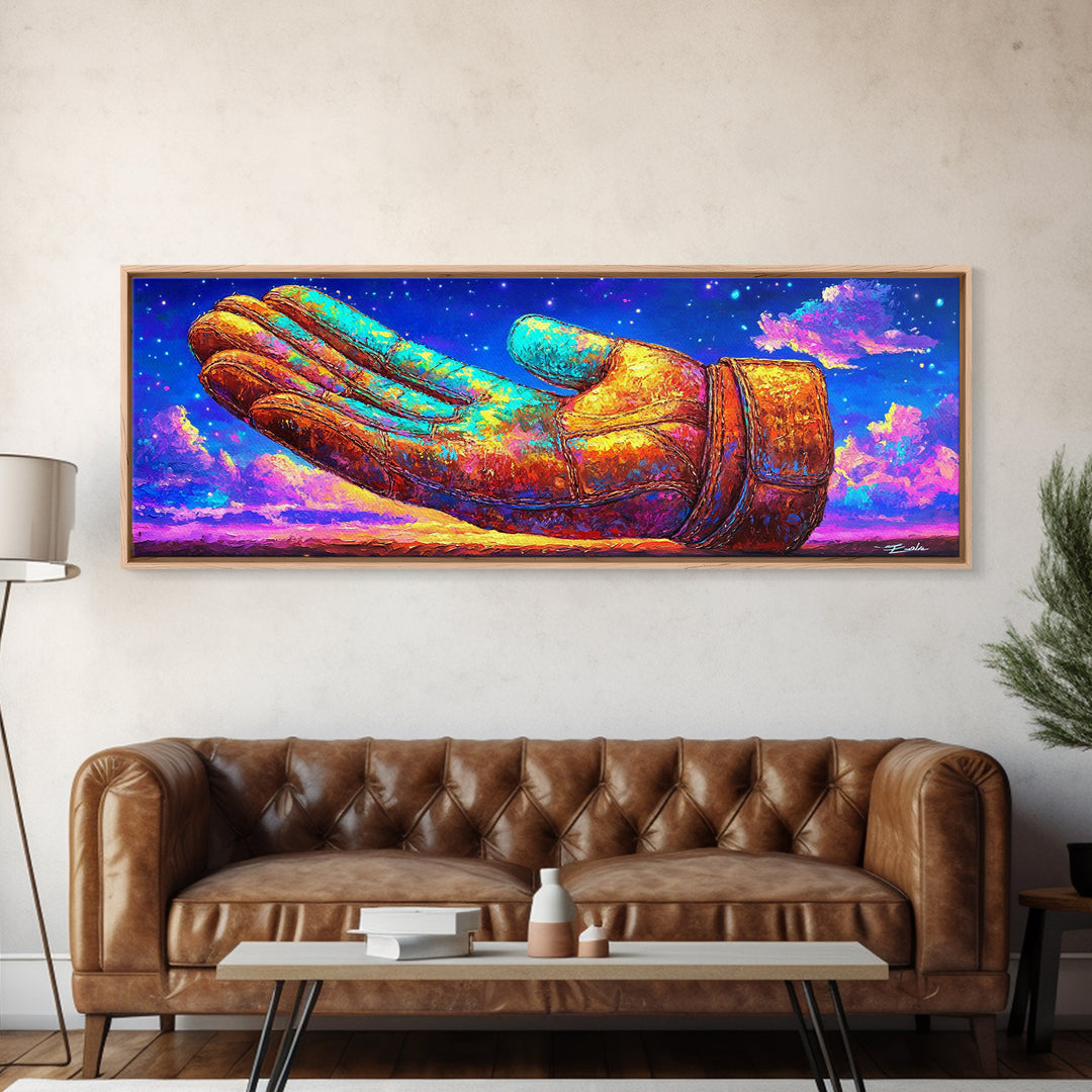 Surreal Leather Glove Floating In Starry Sky Canvas Print, Whimsical Fantasy Wall Art, Colorful Dream Decor, Unique Gift