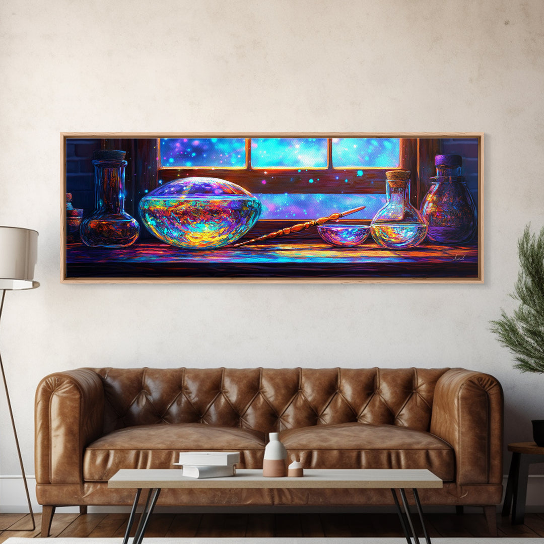 Enchanted Potion Bottles And Wand By Window, Fantasy Wall Art, Magical Canvas Print, Dark Academia Decor For Office Home Decor