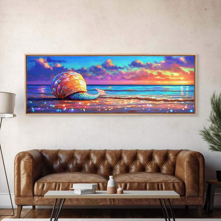 Glowing Seashell Mermaid Tail Wall Art, Coastal Canvas Print, Beach House Decor, Ocean Sunset Art For Nautical Nursery Room